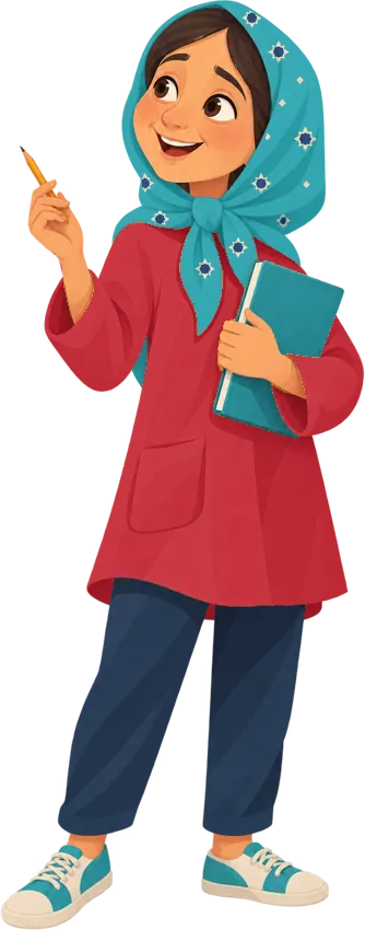 آوا، دختری هشتساله با روسری فیروزهای و کت قرمز، با دفتر نقاشیاش.